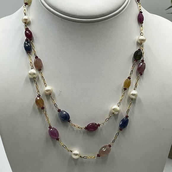 V Quartz Topaz Sapphire Citrine Freshwater Pearl Gold Vermeil Layer Necklace - Picture 15 of 15